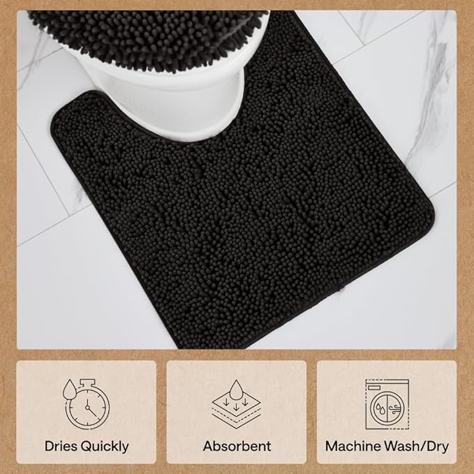 GORILLA GRIP Bathroom Rug Sets, Soft Chenille 2 Piece Area Rugs Set, Toilet Base Mat and 30x20 Carpet, Absorbent Microfiber Washable Mats Dry Quickly, Home Décor and Bath Room Accessories, Black