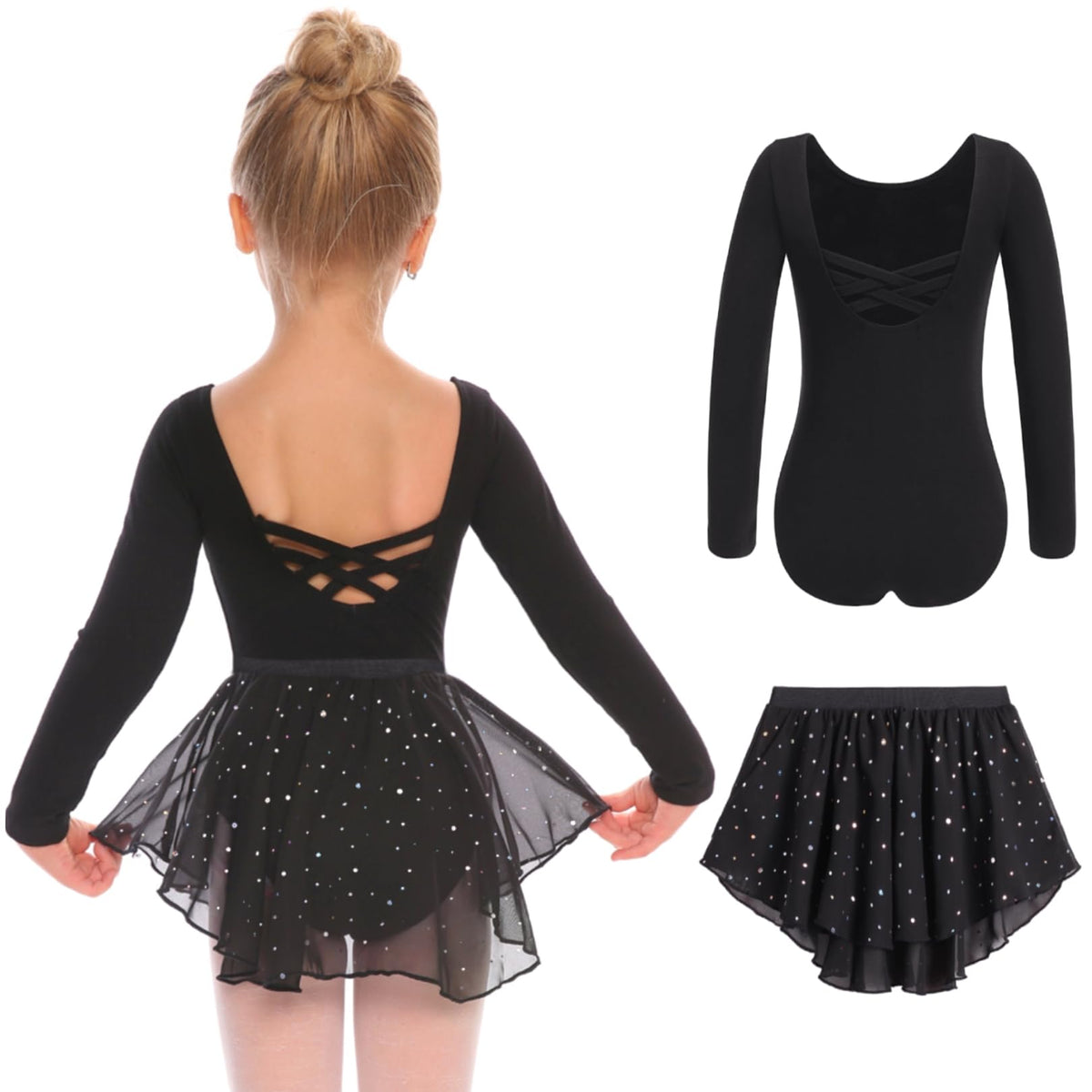 Zaclotre Girls Ballet Leotards Toddler Long Sleeve Crisscross Back Dance Dress Outfit with Removable Shiny Skirt Combo