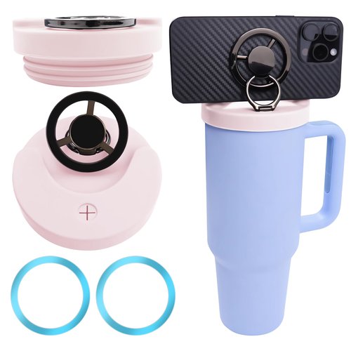 Jemey Tumbler Phone Holder for Stanley Cup 40oz - Silicone Lid with Straw & Magnetic Phone Mount, Rotatable MagSafe Stand for iPhone, Universal Water Bottle Cellphone Holder (Fits Quencher Series)