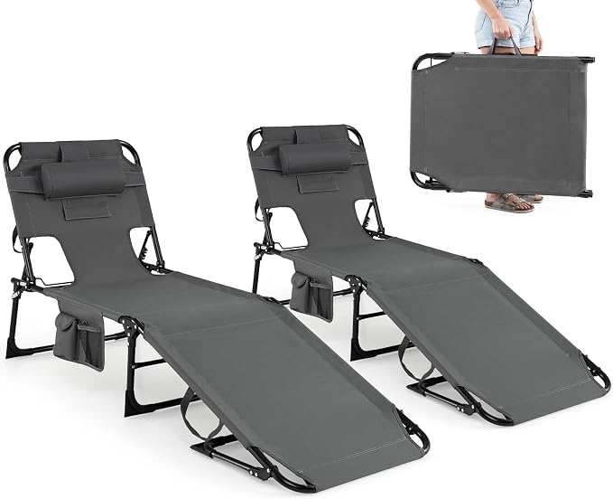 GYMAX Tanning Chair with Face Hole, Sun Bathing Lounge Chairs for Outside with Side Pocket, Folding Portable Face Down Layout Tanning Chair Beach, Backyard, Poolside, Lawn (Grey,2)