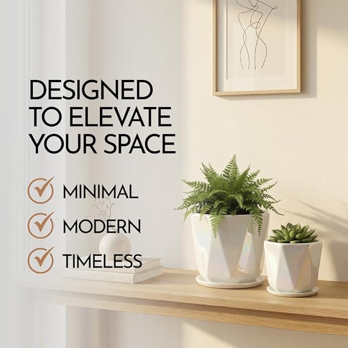 Coco Andrea Ceramic Plant Pots for Indoor Plants with Drainage & Saucers - 5-inch Iridescent White Planters for Houseplants, Succulents & Flowers - 2-Piece Housewarming Gift Set (2, Large)