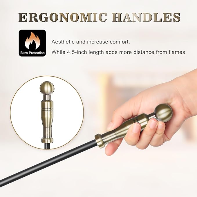Gtongoko Fireplace Tools Set 4 Pcs 30 Inch Brass Handles Wrought Iron Large Fire Tool Set for Outdoor/Indoor Include Chimney Poker, Antique Shovel, Rustic Brush and Stand Accessories Set