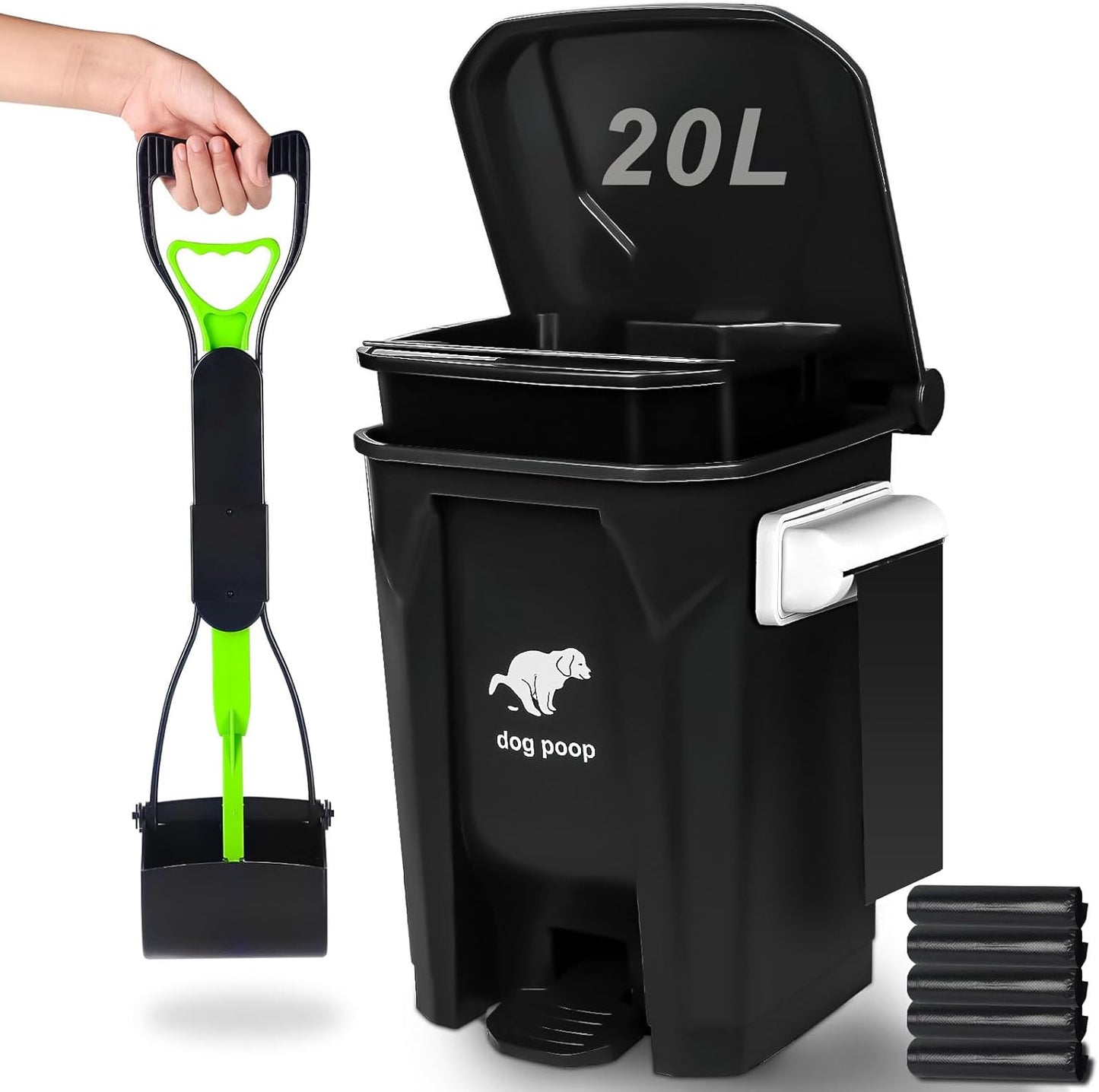 Dog Poop Trash Can Outside with Foldable Pooper Scooper, 20L/5Gallon Dog Waste Trash Can with Lid and 100 Bags, Pedal and Removable Inner Waste Bin, Black
