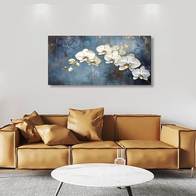 Abstract White Butterfly Orchid Canvas Wall Art for Living room Office Bedroom Flowers Wall Art Print Oil Paintings Modern Blue Gold Rain Mist Pictures Wall Decor Artwork Ready to Hang - 20in * 40inch