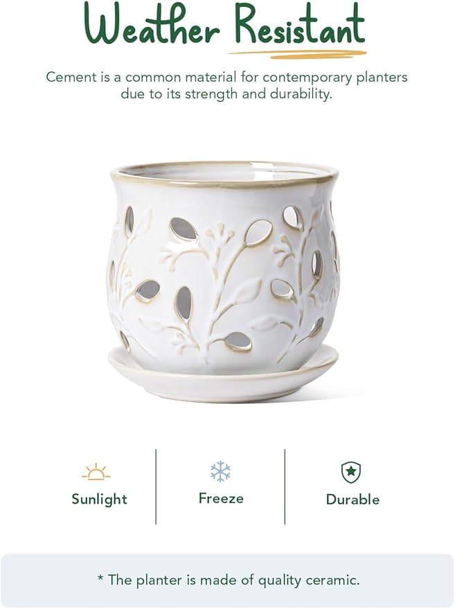 LE TAUCI Ceramic Orchid Pot, 6.5 Inch Orchid Planter with Holes for Repotting, Indoor Flower Plant Pot with Drainage and Saucer, Arctic White
