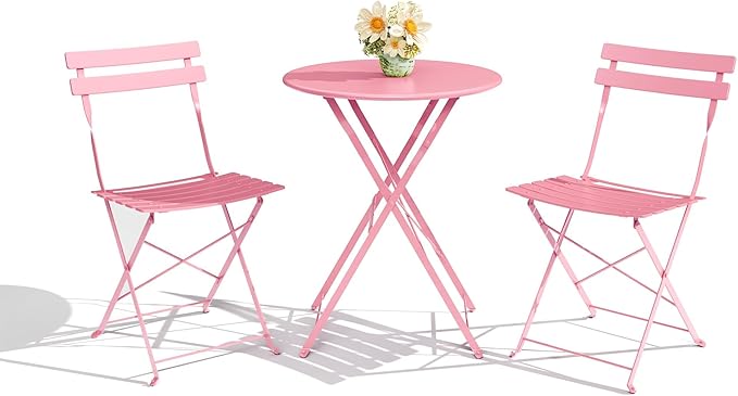3-Piece Folding Bistro Set Outdoor Patio Furniture, Space-Saving Foldable Chairs & Table Capacity Heavy-Duty Powder-Coated Steel Frame, No Assembly Required for Garden, Balcony, Backyard, Pink