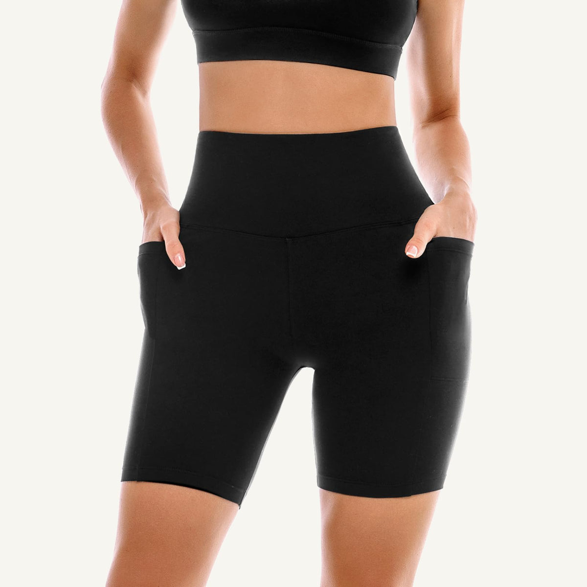 Leafigure 2 Pack Womens Biker Shorts with Pockets, High Waisted Tummy Control Yoga Shorts for Women Running Gym and Workout Black/Navy S-M