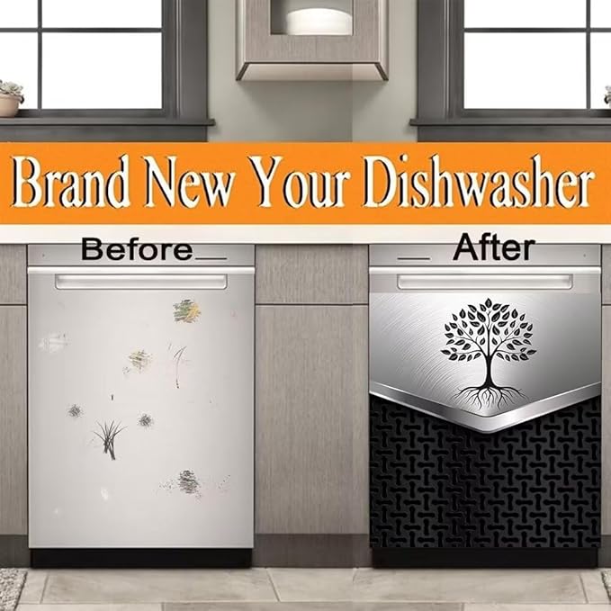 Dishwasher Front Panel Covers Magnetic Sticker Panel Decal Stainless Steel Design Tree Pattern Refrigerator Magnetic Cover Sticker Decorative for Kitchen Decor 23W x 26H inchs