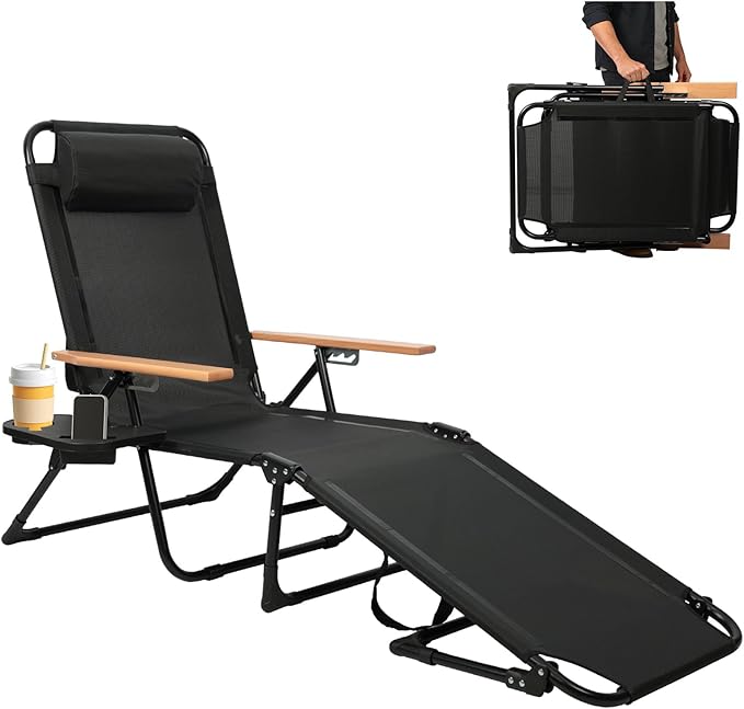 Foldable Chaise Lounge Chair Outdoor, 4-Position Reclining Outdoor Lounge Chairs with Wooden Armrest, Folding Sun Lounger with Removable Pillow for Garden Beach Patio Camp (Black)