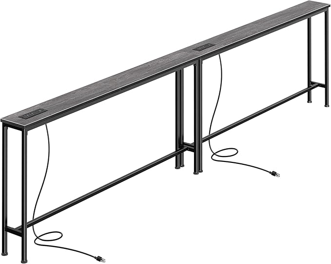 SUPERJARE 110.2 Inch Sofa Table with Power Outlets and USB-C Ports, 5.9 Inch Narrow Console Tables, Entryway Hallway Couch Tables with Storage, Behind Sofa, Small Spaces, Living Room, Charcoal Gray