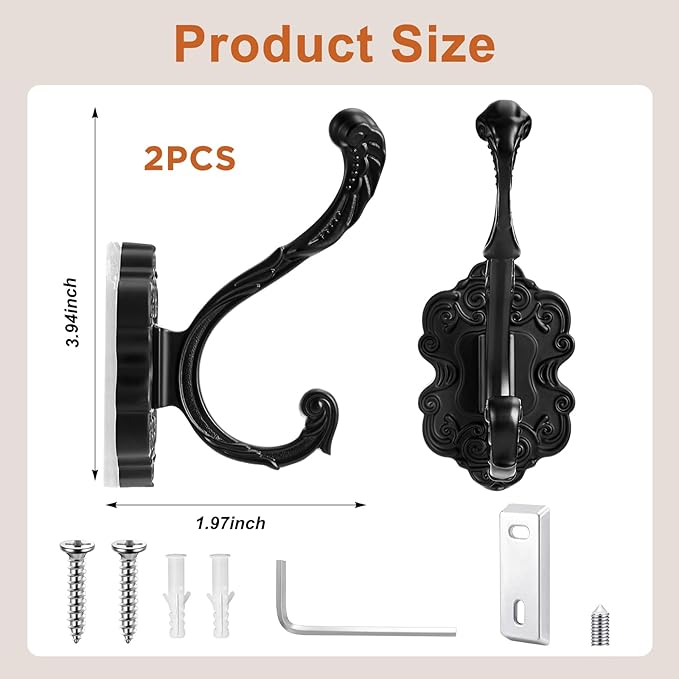 Zonon 2 Pcs Black Wall Hooks Set Vintage Coat & Towel Hooks