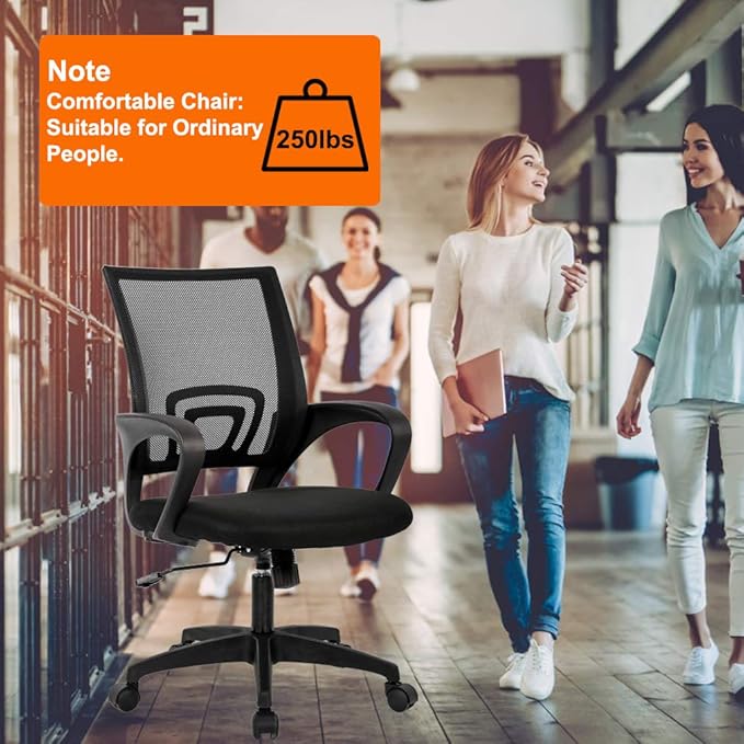 BestOffice | Ergonomic Office Chair | Mid-Back Swivel Desk Chair | Breathable Backrest & Lumbar Support | Adjustable Height | Sponge Seat | Rolling Wheels | Black | for Adults & Women
