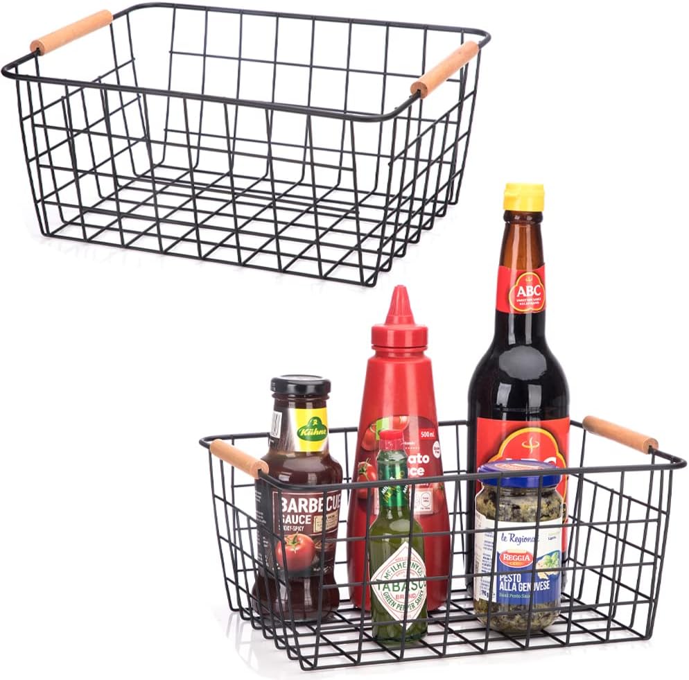 Metal Wire Food Storage Basket Organizer with Wooden Handles for Organizing pantry organizers and storage Kitchen Cabinets, 2 Packs-Black