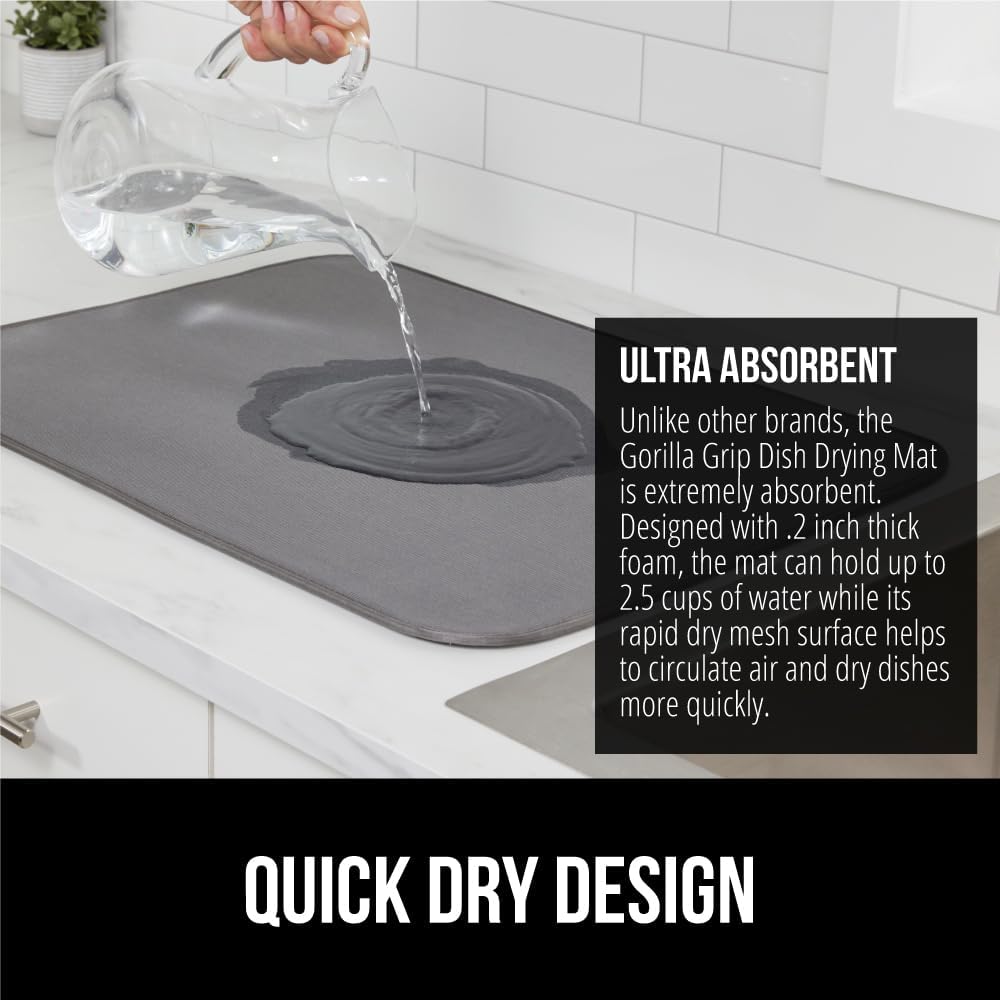 GORILLA GRIP Ultra Water Absorbent Microfiber Dish Drying Mat, 18x32, Quick Dry Thick Mesh, Slip Resistant Pad for Sink Dishes or Under Rack, Kitchen Counter Accessories, Machine Wash Mats, Gray