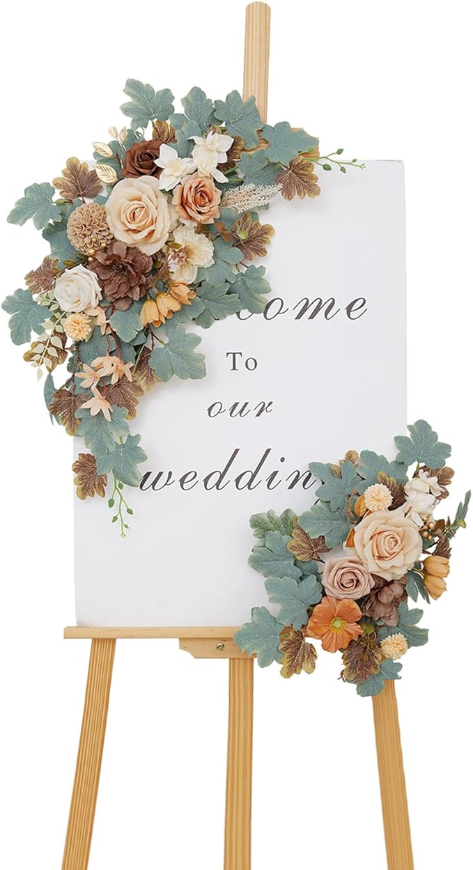 Wedding Welcome Signs Floral(Pack of 2)，Wedding Arch Flowers for Wedding Decorations and Reception Backdrop Decoration(New Coffee)