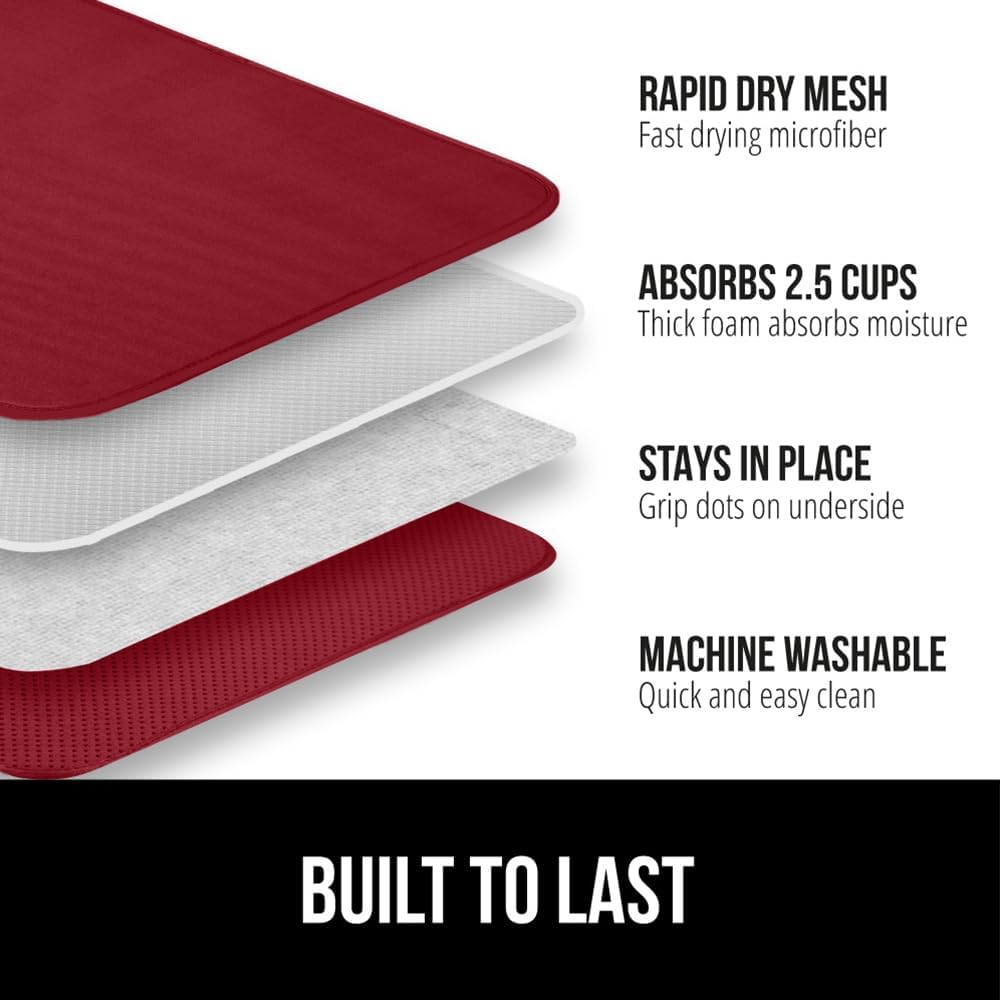 GORILLA GRIP Ultra Water Absorbent Microfiber Dish Drying Mat, Quick Dry Thick Mesh, Slip Resistant Pad for Sink Dishes or Under Rack, Kitchen Counter Accessories, 16x18, Machine Wash, 2 Pack Red
