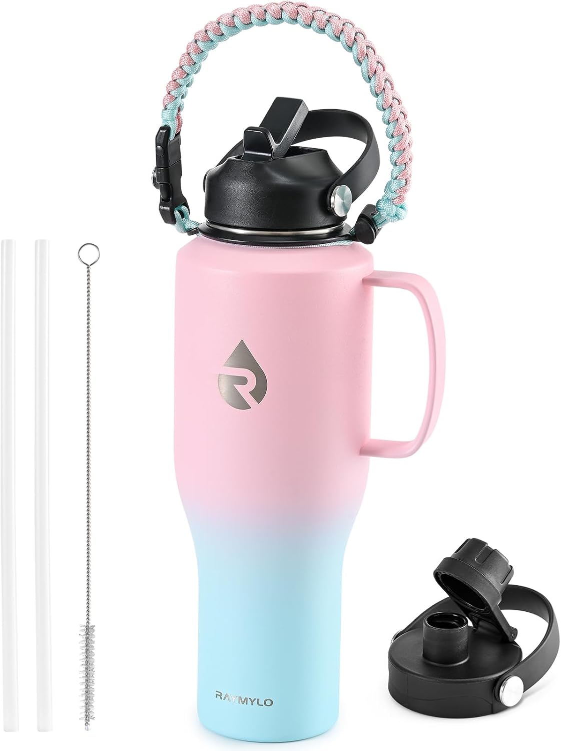 RAYMYLO Insulated Water Bottle - 40oz Stainless Steel Flask with Handle & Straw Lid | Keeps Drinks Cold for 48 Hrs