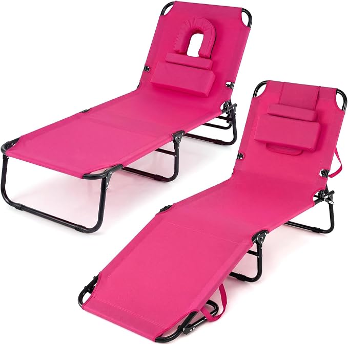 Giantex Folding Beach Tanning Chair - Adjustable Patio Lounge Chair w/Face Hole, Removable Pillows, Carry Strap, Layout Chair, Sunbathing Chaise Lounge Outdoor for Poolside Yard Lawn (2, Pink)