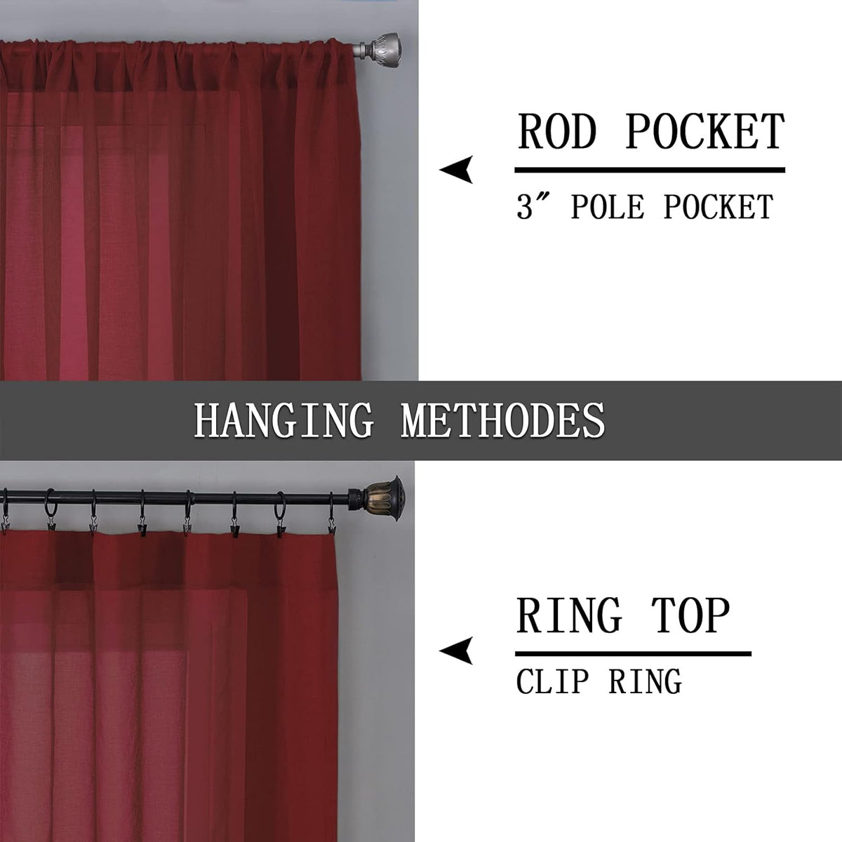 Tollpiz Sheer Curtain Linen Textured Bedroom Curtains Sheer Light Filtering Rod Pocket Voile Curtain for Living Room, 54 x 95 inches Long, Burgundy Red, Set of 2 Panels