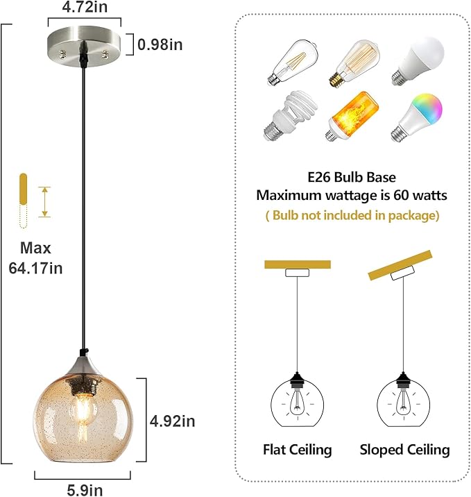 Light Brown Glass Pendant Lights Kitchen Island Globe Pendant Light Fixtures Modern Pendant Lighting for Bedroom Living Dining Room Light Fixture (5.9 in, 3 Pack)