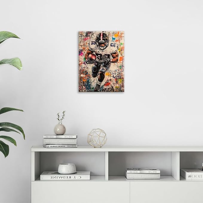 Graffiti Football Wall Art, Banksy American Football Pictures Wall Decor, Rugby Sports Canvas Prints Painting, Sport Poster Framed Artwork for Boys Room Bedroom Bathroom Living Room Office 24"X16"