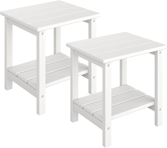 GarveeLife Outdoor Side Table 2-Tier, 18 in HDPE All Weather Resistant Patio Side Tables for Outside, End Table for Patio Pool Deck Indoor Backyard, White-2Pcs