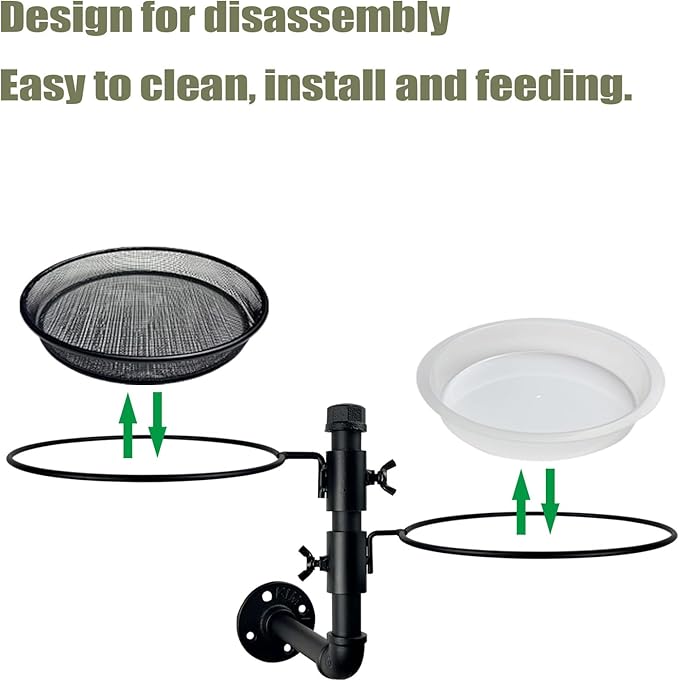 Wall Mounted Bird Feeder with Metal Mesh Seed Tray and 2 Bird Bath Bowls,Heavy Duty Fence Tree Mount Birds Feeder for Outside Wild Birds,Table Mountable Platform Feeder in Garden Backyard