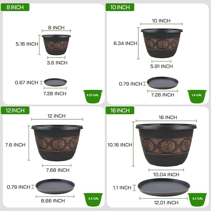 4 Pack 12 inch Plant Pots, Retro Pattern Planters with Drainage Holes and Saucer, Sturdy Plastic Garden Flower Pots for Indoor & Outdoor Plants