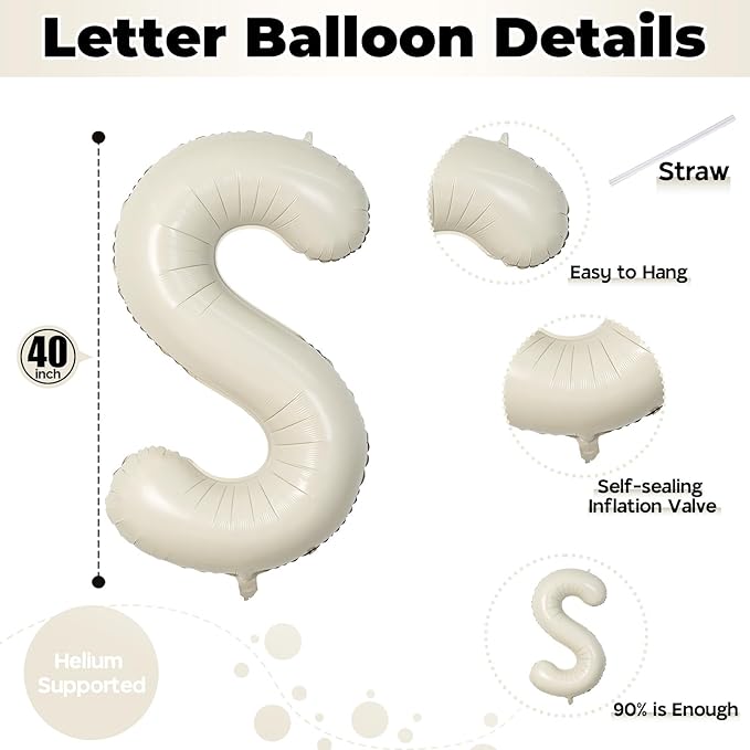 Giant Alphabet S Foil Balloons, Nude Cream White Custom Mylar Letters Balloon Birthday Decor, 40 Inch Helium Self Inflating Beige S Name Balloons Letter for Girls Baby Shower Party Decoration Supplies