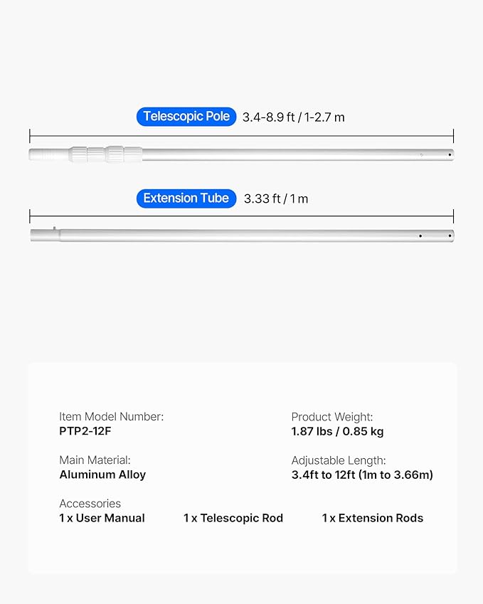 VEVOR Pool Pole, 3.4 to 12 Ft Telescoping Swimming Pool Cleaning Poles, Professional Adjustable Telescopic Pole with Extension Pole, Heavy Duty Cleaner Stick for Skimmer Net, Rake, Brush, Vacuum Head