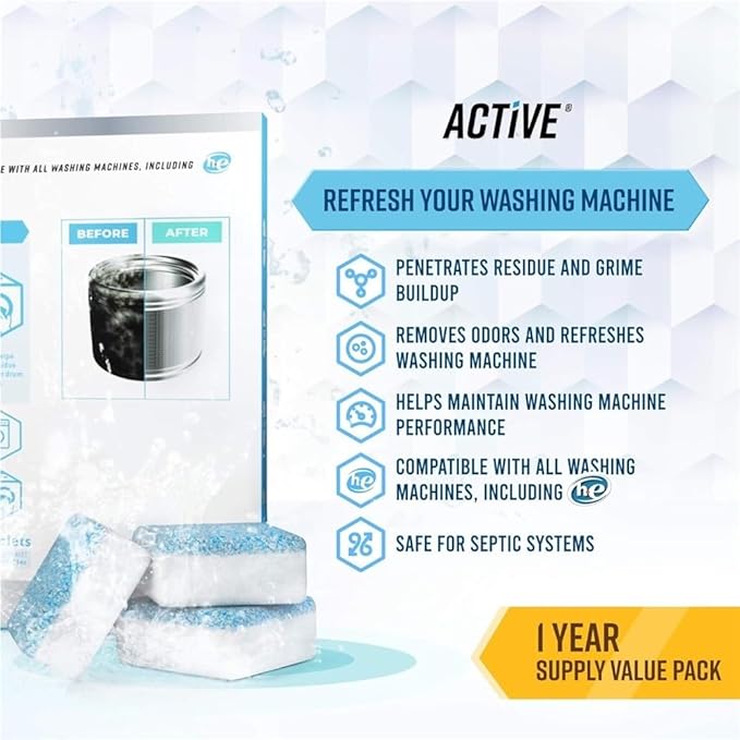 Washing Machine Cleaner Descaler 12 Pack - Deep Cleaning Tablets For HE Front Loader & Top Load Washer, Septic Safe Eco-Friendly Deodorizer, Clean Inside Drum and Laundry Tub Seal - 12 Month Supply(1C