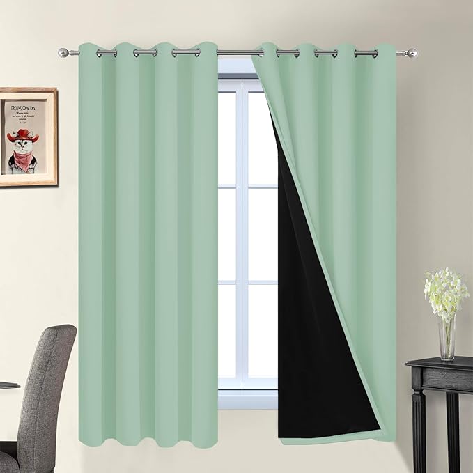 Yakamok Sage 100% Blackout Curtains, Total Blackout Lined Curtain Panels