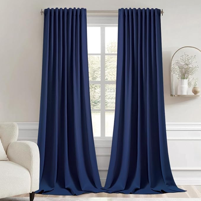 MIULEE Navy Blue Back Tab Blackout Curtains 102 Inch Long 2 Panels Set