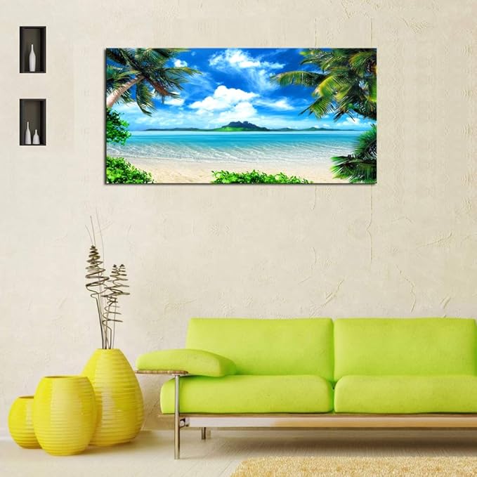 DZL Art S72762 Canvas Wall Art Ocean Waves Coconut Trees on Sands Beach Seascape Scenery Painting Nature Picture for Bedroom Home Office Wall Decor