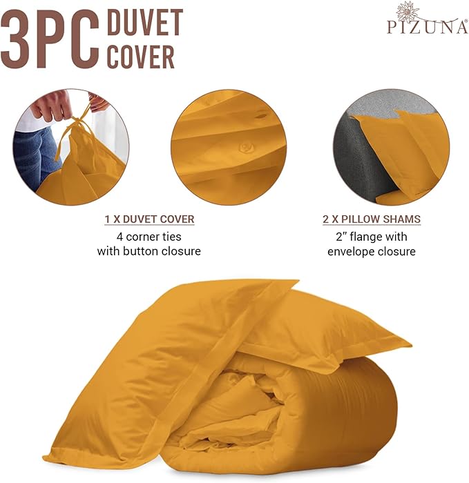Pizuna Pure 100% Cotton Twin Duvet Cover Set, Luxurious 400 Thread Count Long Staple Cotton Sateen Weave with Button Closure (Combed Honey Gold Cotton Duvet Cover Twin)