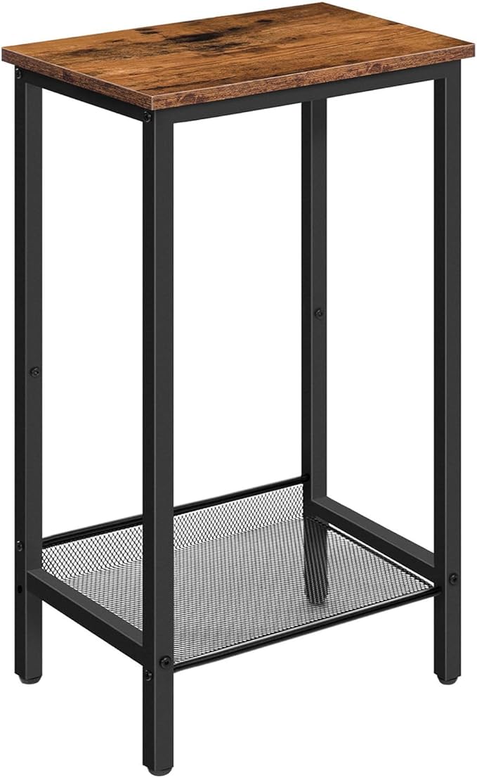HOOBRO Tall Side Table, Industrial End Telephone Table with Adjustable Mesh Shelves, Small Tall Night Stand for Living Room, Bedroom, Entryway, Office, Rustic Brown and Black BF03DH01