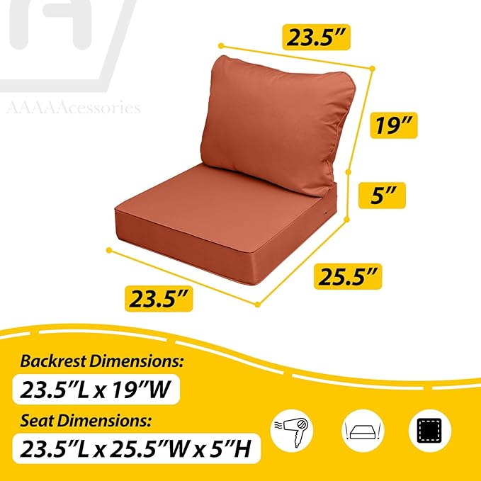 AAAAAcessories Outdoor Seat Cushions for Chairs, Fade-Resistant, Waterproof Patio Furniture Replacement Cushions, 25.5" x 25.5" x 5" + 25.5" x 19", Rust