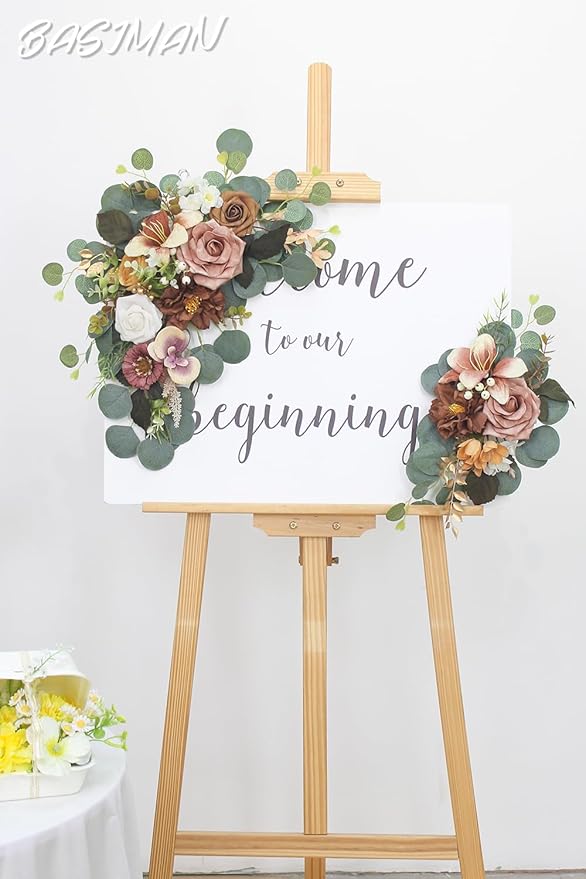 2pcs Artificial Flowers Wedding Arch Decor, Wedding Welcome Sign,Foam Flower Welcome Sign for Reception Backdrop, Table Decorations, Dried Flowers(Dark Coffee)