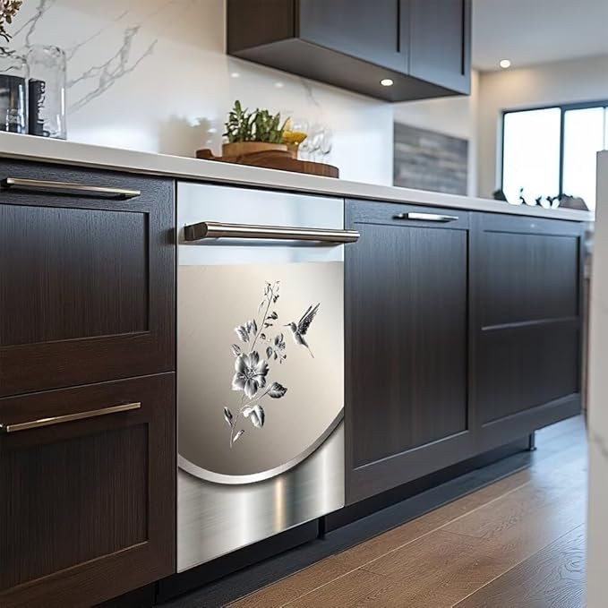 Dishwasher Magnet Cover Sticker,Stainless Steel Design Bird and Flower Pattern Magnetic Refrigerator Door Decal Magnets Kitchen Decor Sticker Fridge Magnets Decor Panel,23W x 26H inchs