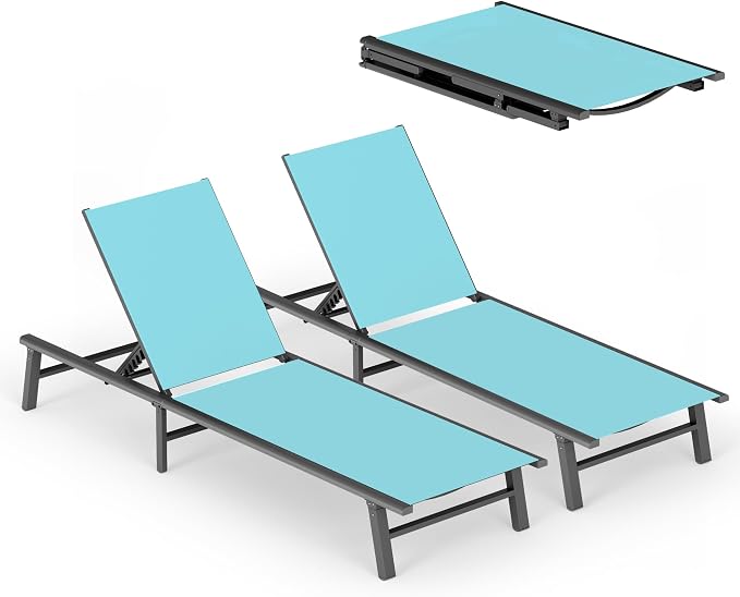 Aluminum Outdoor Lounge Chairs Set of 2- No Assembly Needed, Foldable Patio Chaise Lounge with 5 Adjustable Positions, Reinforced Frame for Extra Durability, Pool Beach Lounge Chairs, Lake Blue