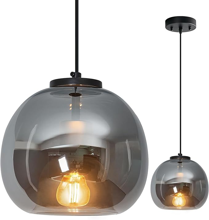 1-Light Mirror Smoke Gray Glass Pendant Lights Kitchen Island Black Hanging Light Fixture 7.87" Glass Globe Pendant Light Modern Pendant Lighting for Kitchen Island Bedroom Dining Room