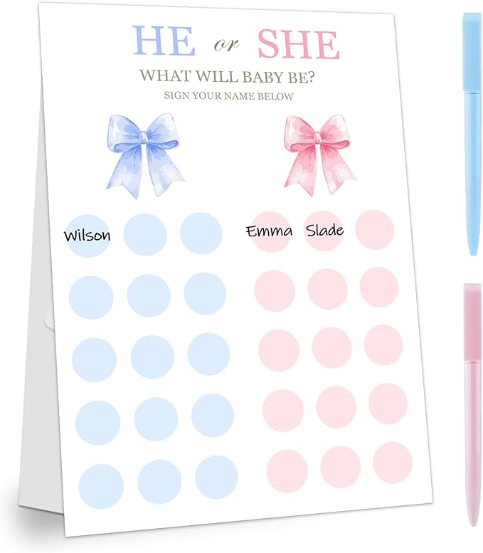 Gender Reveal Party Games, Pink Blue Bow Theme Baby Gender Reveal Voting Board Sign, Boy or Girl Voting with Two Pens, He or She, Baby Gender Reveal Party Decorations Games for Boy or Girl Shower