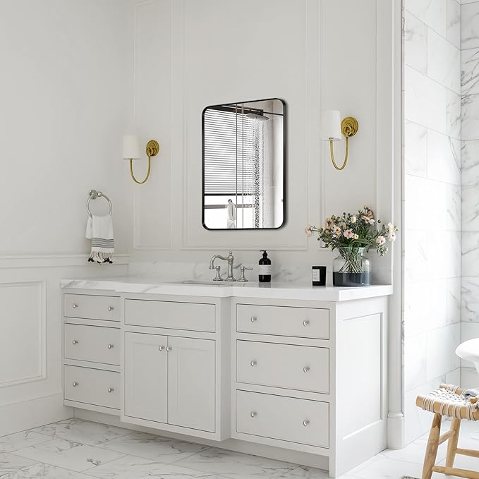 Wall Mount Mirror for Bathroom, Brushed Black Metal Framed Rounded Corner