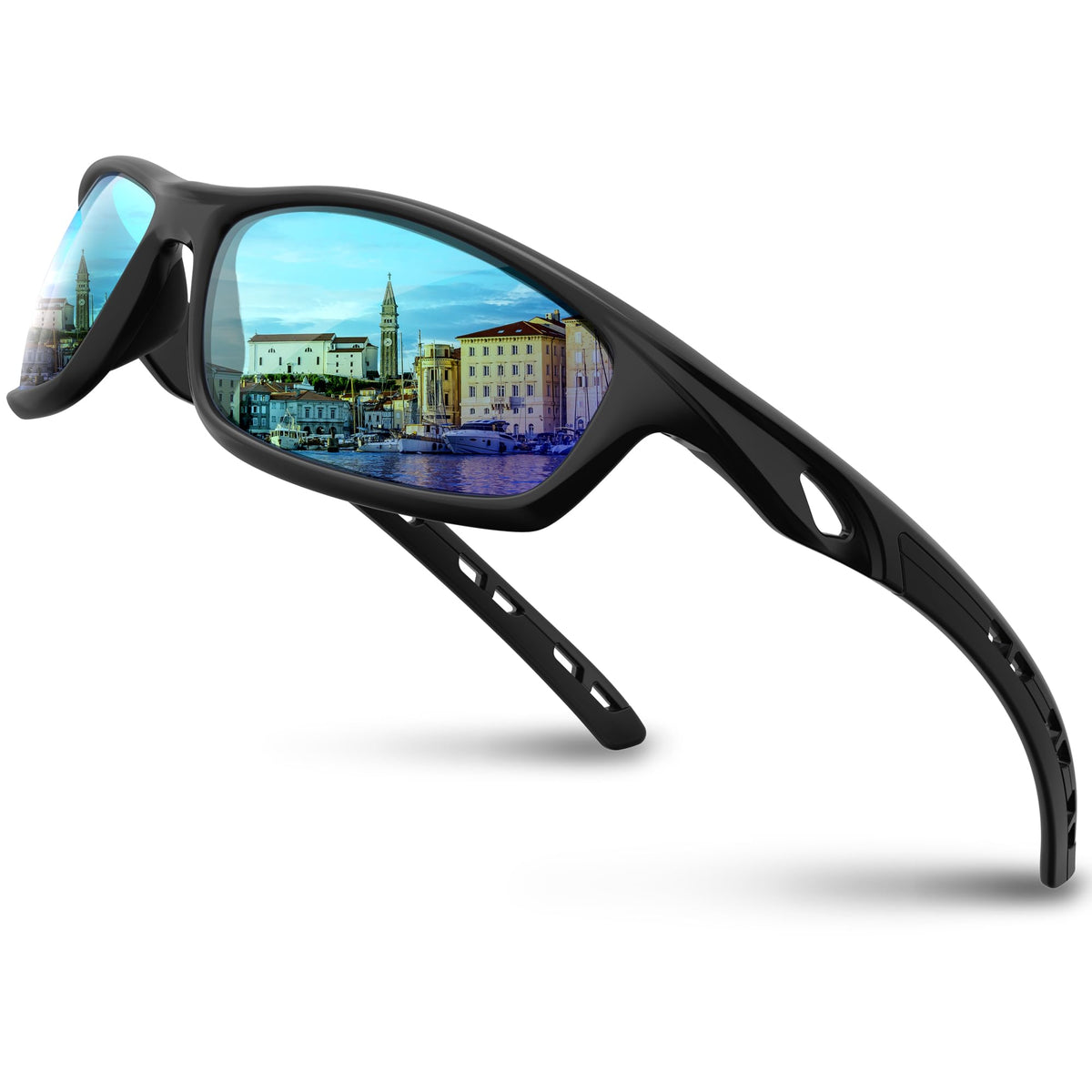 RIVBOS Mens Sunglasses Polarized UV Protection TR90 Unbreakable Frame Sports Driving Fishing Cycling RB833-Black Ice Blue Lens