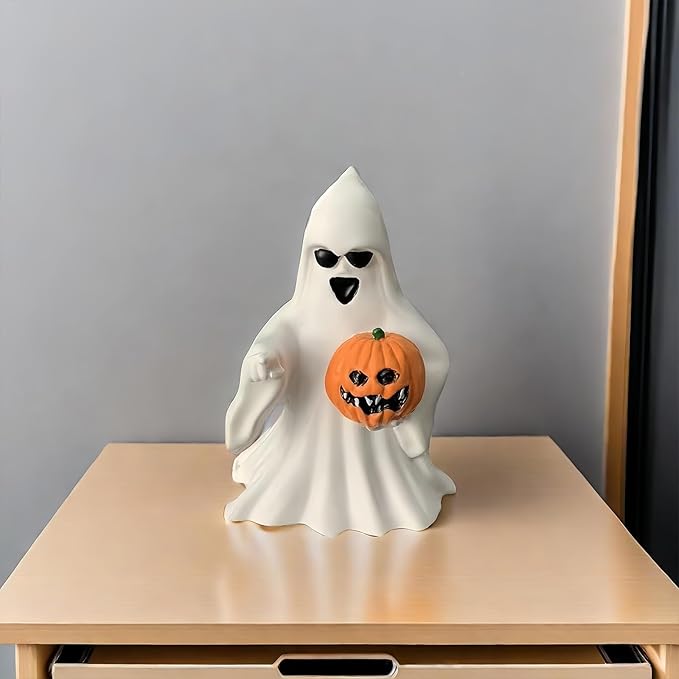 Halloween Ghost Figurine - Spooky Resin Ghost Statue, Cute Finger Ghost Ornaments, Perfect for Indoor & Porch Halloween Decor (Ghost with Pumpkin)