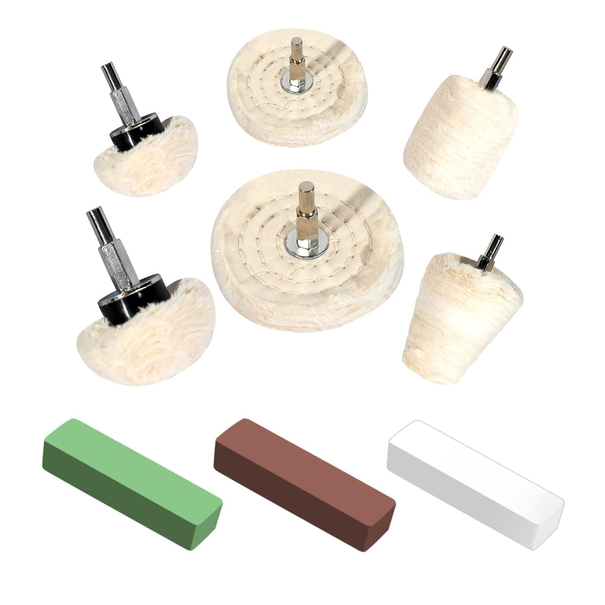 6PCS Buffing Wheels for Drill and 3 PCS Polishing Compounds, Wheel Polishing Kit, Polishing Wheel for Stainless Steel/Aluminum/Chrome/Wood/Jewelry/Plastic/Ceramic/Glass etc