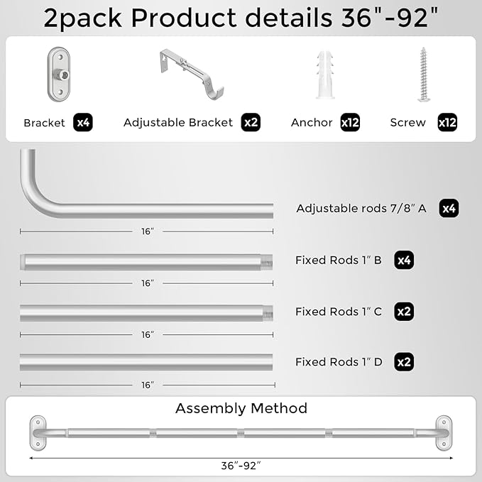 2 Pack Curtain Rods 36-88 Inch, 1 Inch Adjustable Heavy Duty Room Darkening