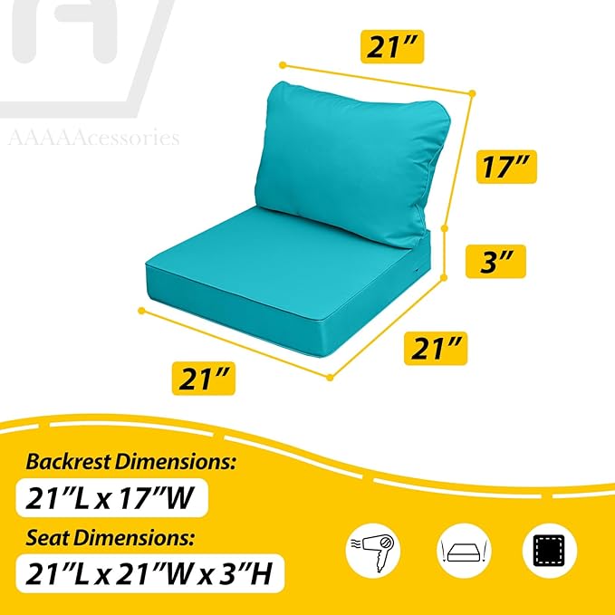 AAAAAcessories Outdoor Seat Cushions for Chairs, Fade-Resistant, Waterproof Patio Furniture Replacement Cushions, 21" x 21" x 3" + 21" x 17", Turquoise Blue