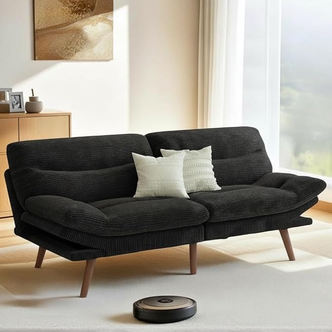 Pipishell Futon Sofa Bed, 66 Inch Corduroy Futon Couch Convertible with Adjustable Backrest and Armrests, Recliner Sleeper Sofa for Small Spaces, Living Room, Office, Guest Room (Black, 66 Inch)