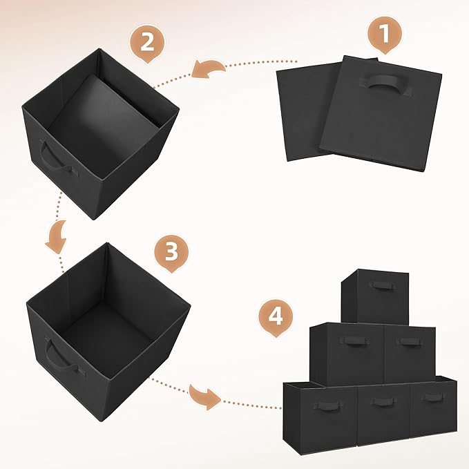 STORAGE MANIAC Storage Cubes, 11 Inch Durable 6 Pack Fabric Foldable Collapsible Bins with Handles for Organization, Closet, Shelves, Offices, Toys, Black